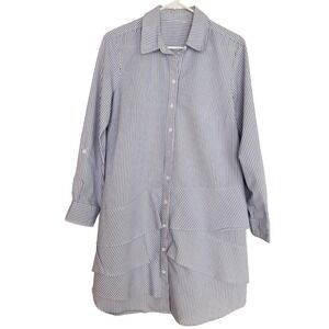 Hope & Harlow Menswear Inspired Shirt Dress Tiered Ruffles White Blue Striped 10